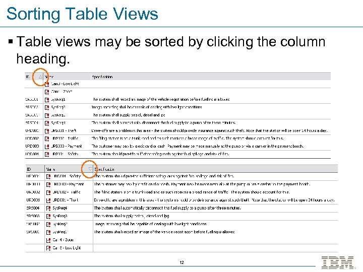 Sorting Table Views § Table views may be sorted by clicking the column heading.