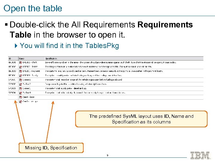 Open the table § Double-click the All Requirements Table in the browser to open