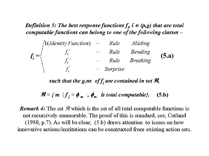 Definition 5: The best response functions fi, i (p, g) that are total computable