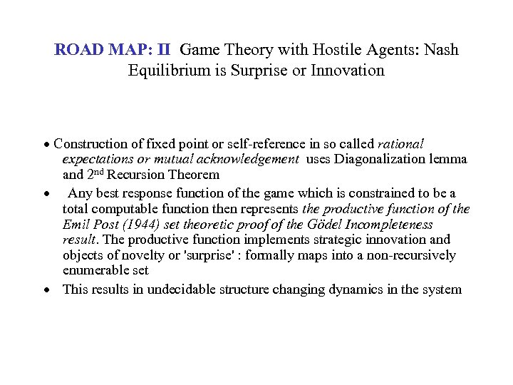 ROAD MAP: II Game Theory with Hostile Agents: Nash Equilibrium is Surprise or Innovation