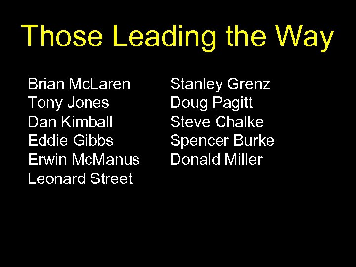 Those Leading the Way Brian Mc. Laren Tony Jones Dan Kimball Eddie Gibbs Erwin