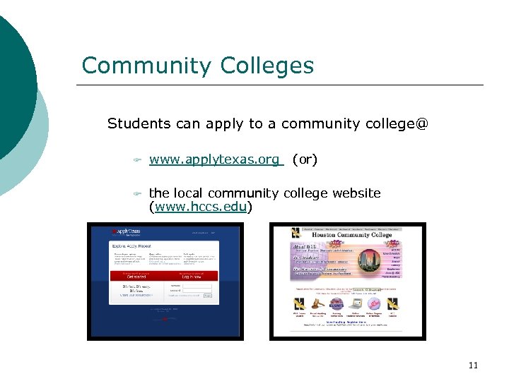 Community Colleges Students can apply to a community college@ F www. applytexas. org (or)