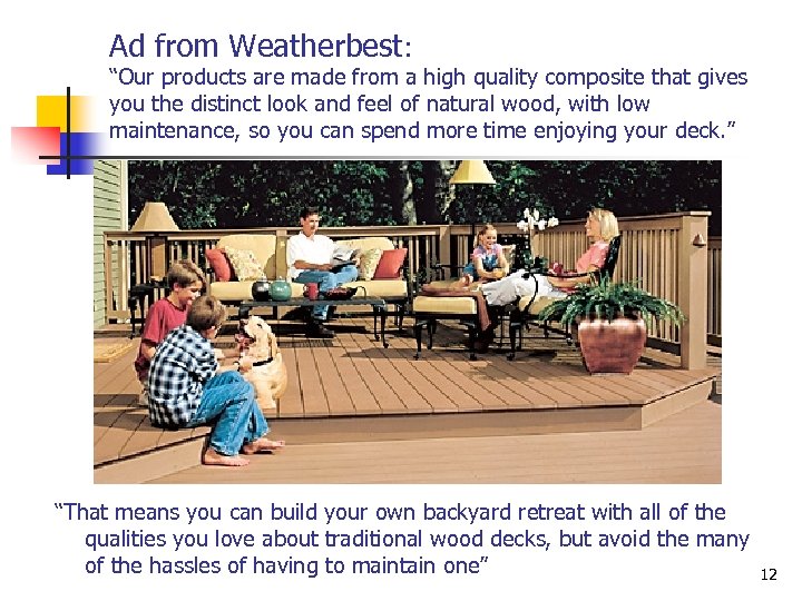 Ad from Weatherbest: “Our products are made from a high quality composite that gives