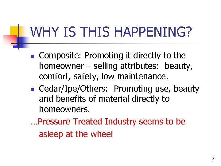 WHY IS THIS HAPPENING? Composite: Promoting it directly to the homeowner – selling attributes: