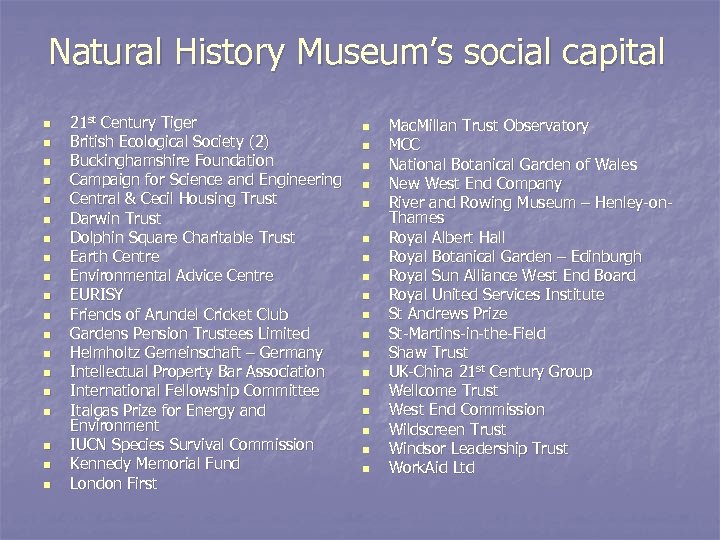 Natural History Museum’s social capital n n n n n 21 st Century Tiger
