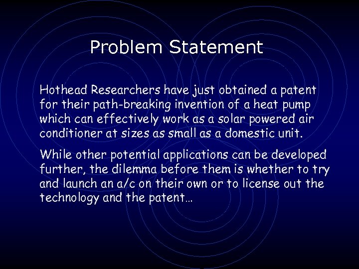 Problem Statement Hothead Researchers have just obtained a patent for their path-breaking invention of