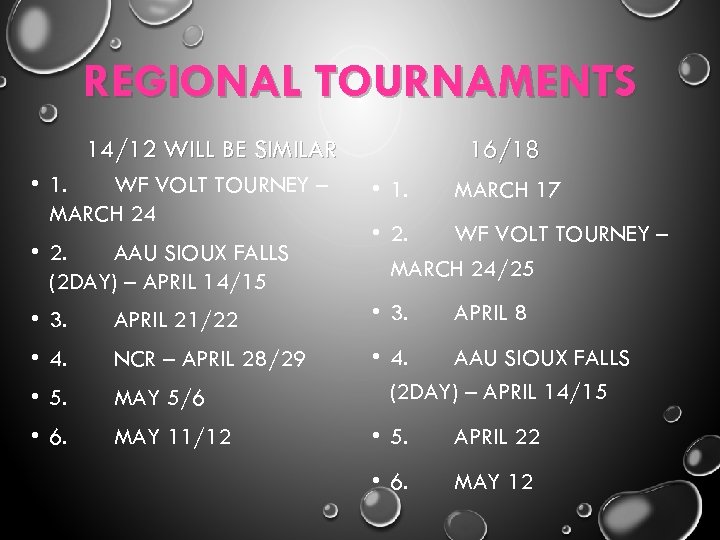 REGIONAL TOURNAMENTS 14/12 WILL BE SIMILAR • 1. WF VOLT TOURNEY – MARCH 24