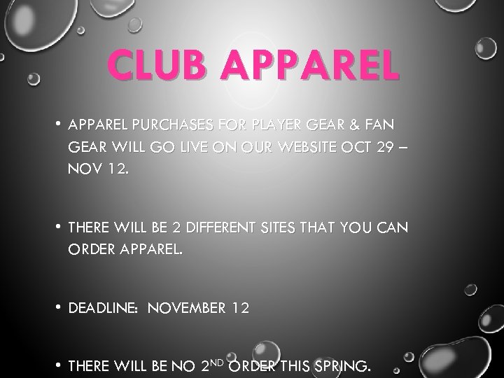 CLUB APPAREL • APPAREL PURCHASES FOR PLAYER GEAR & FAN GEAR WILL GO LIVE