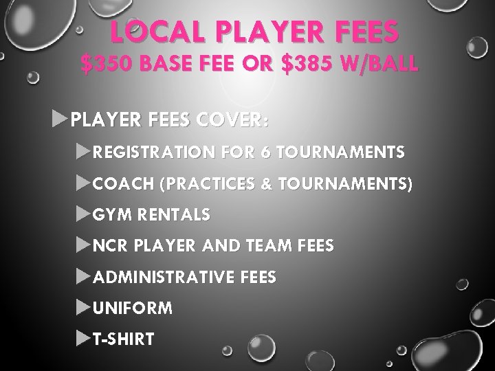 LOCAL PLAYER FEES $350 BASE FEE OR $385 W/BALL PLAYER FEES COVER: REGISTRATION FOR