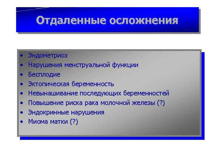 Отдаленные осложнения • • Эндометриоз Нарушения менструальной функции Бесплодие Эктопическая беременность Невынашивание последующих беременностей