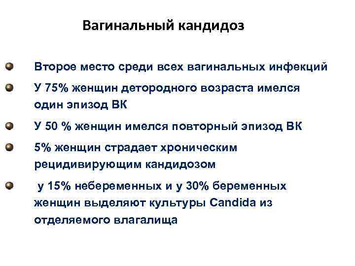 Вагинальный кандидоз Второе место среди всех вагинальных инфекций У 75% женщин детородного возраста имелся