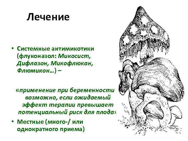 Лечение • Системные антимикотики (флуконазол: Микосист, Дифлазон, Микофлюкан, Флюмикон…) – «применение при беременности возможно,