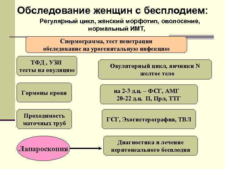 Обследование женщин с бесплодием: Регулярный цикл, женский морфотип, оволосение, нормальный ИМТ, Спермограмма, тест пенетрации
