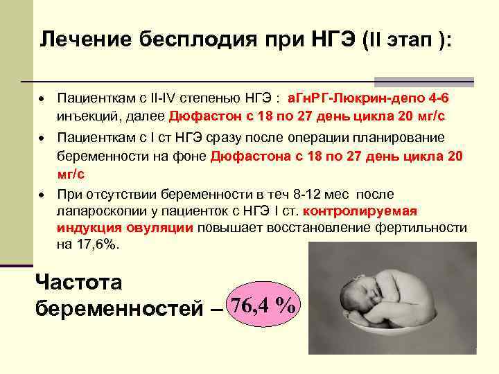 Лечение бесплодия при НГЭ (II этап ): · Пациенткам с II-IV степенью НГЭ :