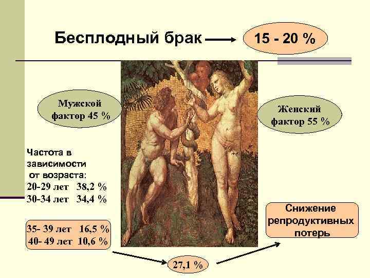 Бесплодный брак Мужской фактор 45 % 15 - 20 % Женский фактор 55 %