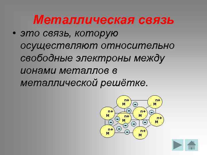Металлическая связь • это связь, которую осуществляют относительно свободные электроны между ионами металлов в