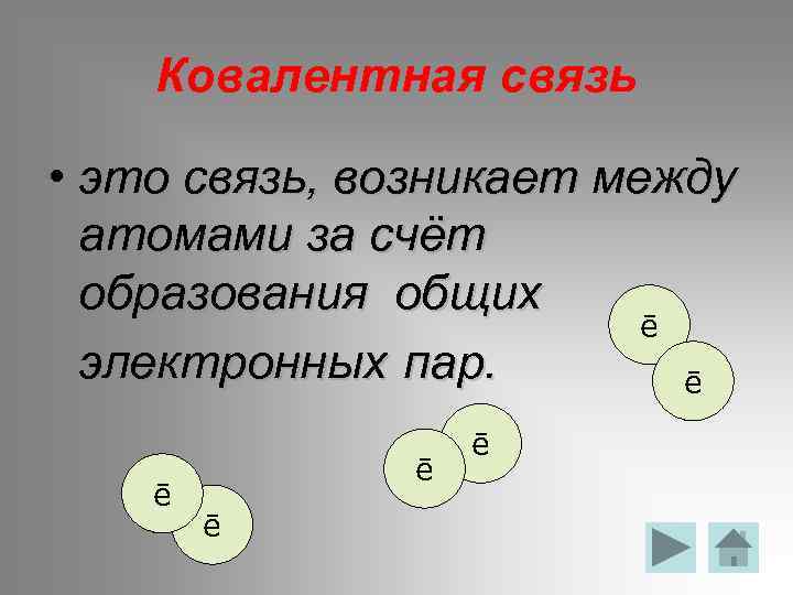 Ковалентная связь • это связь, возникает между атомами за счёт образования общих ē электронных
