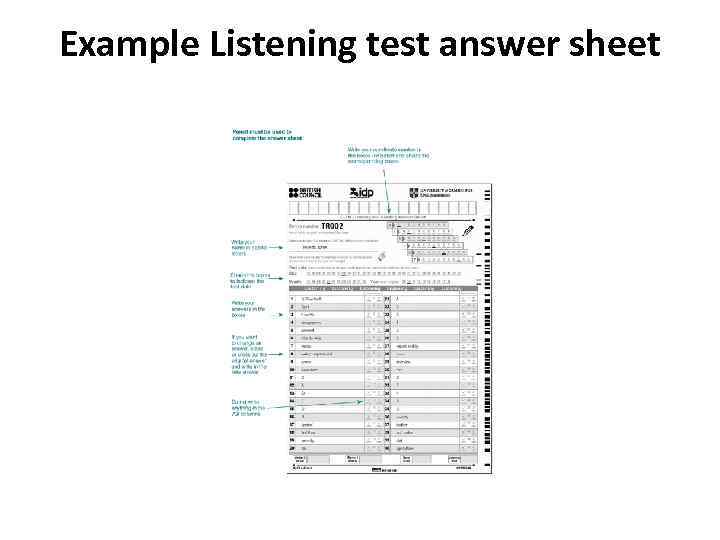 Example Listening test answer sheet 