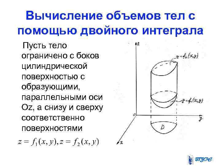 Вычисление объемов тел с помощью двойного интеграла Пусть тело ограничено с боков цилиндрической поверхностью