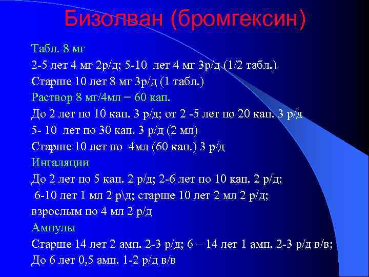 Бизолван (бромгексин) Табл. 8 мг 2 -5 лет 4 мг 2 р/д; 5 -10