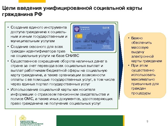 Цели введения унифицированной социальной карты гражданина РФ • Создание единого инструмента доступа гражданина к