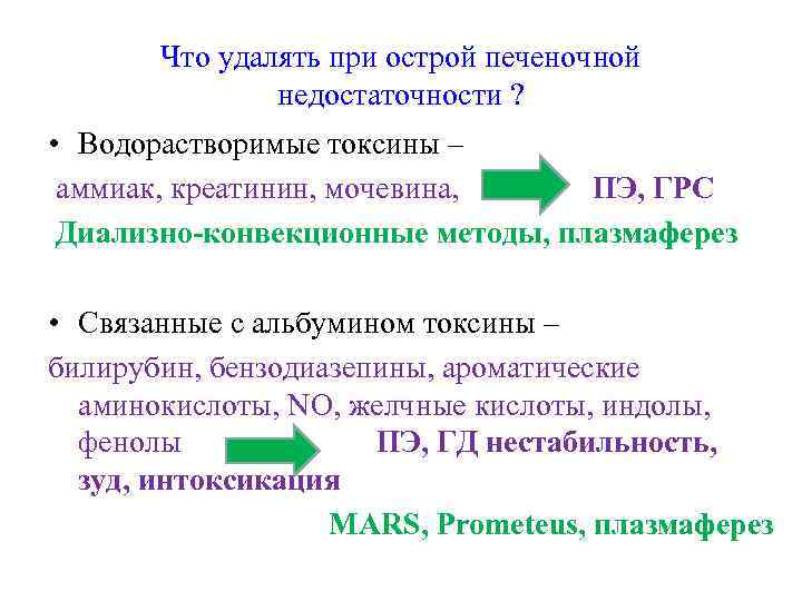 Что удалять при острой печеночной недостаточности ? • Водорастворимые токсины – аммиак, креатинин, мочевина,