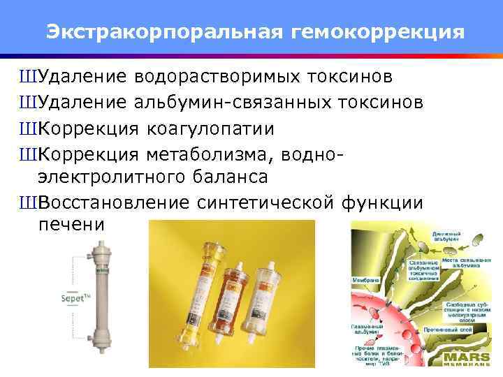 Экстракорпоральная гемокоррекция ШУдаление водорастворимых токсинов ШУдаление альбумин-связанных токсинов ШКоррекция коагулопатии ШКоррекция метаболизма, водноэлектролитного баланса
