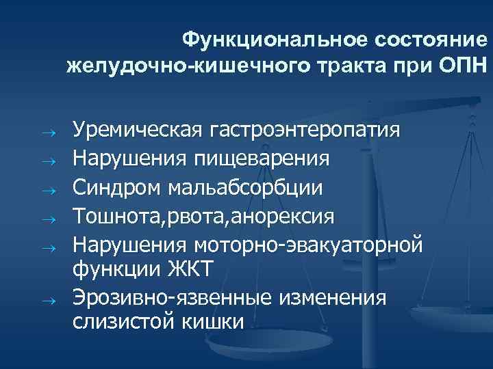 Функциональное состояние желудочно-кишечного тракта при ОПН ® ® ® Уремическая гастроэнтеропатия Нарушения пищеварения Синдром