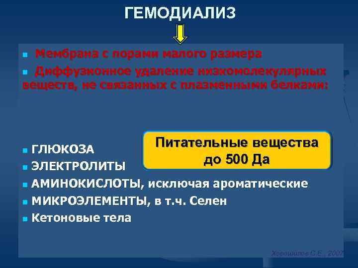 ГЕМОДИАЛИЗ n Мембрана с порами малого размера n Диффузионное удаление низкомолекулярных веществ, не связанных