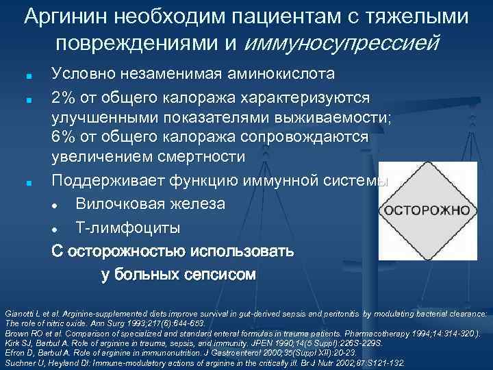Аргинин необходим пациентам с тяжелыми повреждениями и иммуносупрессией ■ ■ ■ Условно незаменимая аминокислота