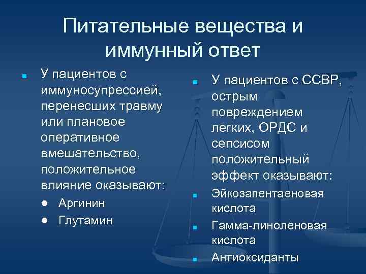 Питательные вещества и иммунный ответ ■ У пациентов с иммуносупрессией, перенесших травму или плановое
