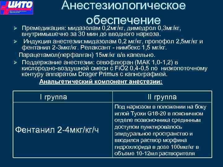 Анестезиологическое обеспечение Премедикация: мидазолам 0, 2 мг/кг, димедрол 0, 3 мг/кг, Отделение детской костной