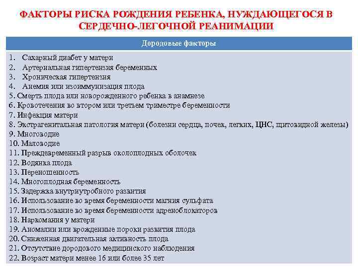 ФАКТОРЫ РИСКА РОЖДЕНИЯ РЕБЕНКА, НУЖДАЮЩЕГОСЯ В СЕРДЕЧНО-ЛЕГОЧНОЙ РЕАНИМАЦИИ Дородовые факторы 1. Сахарный диабет у