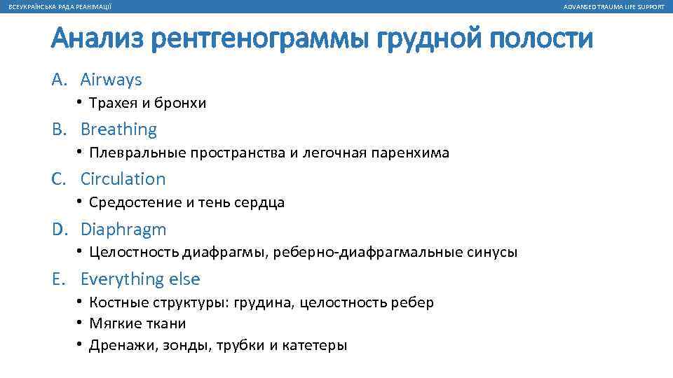 ВСЕУКРАЇНСЬКА РАДА РЕАНІМАЦІЇ ADVANSED TRAUMA LIFE SUPPORT Анализ рентгенограммы грудной полости A. Airways •