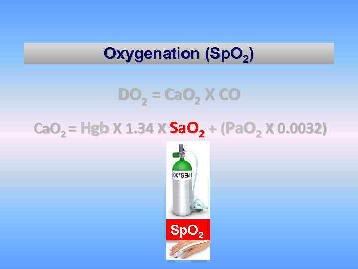 Oxygenation (Sp. O 2) DO 2 = Ca. O 2 X CO Ca. O