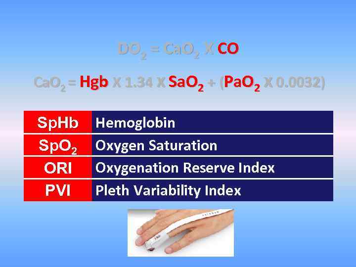 DO 2 = Ca. O 2 X CO Ca. O 2 = Hgb X