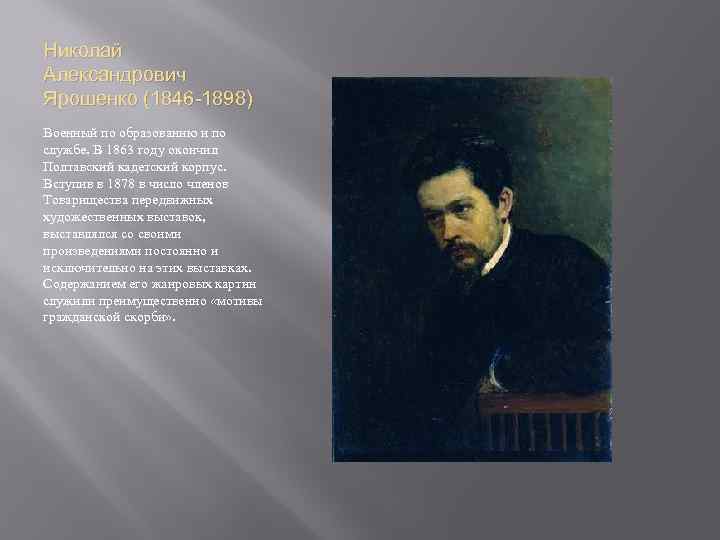 Николай Александрович Ярошенко (1846 -1898) Военный по образованию и по службе. В 1863 году