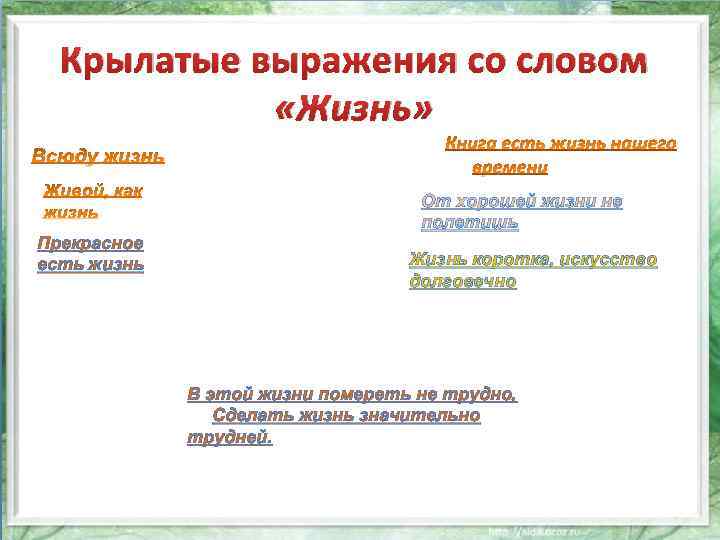 Крылатые выражения со словом «Жизнь» От хорошей жизни не полетишь Прекрасное есть жизнь Жизнь