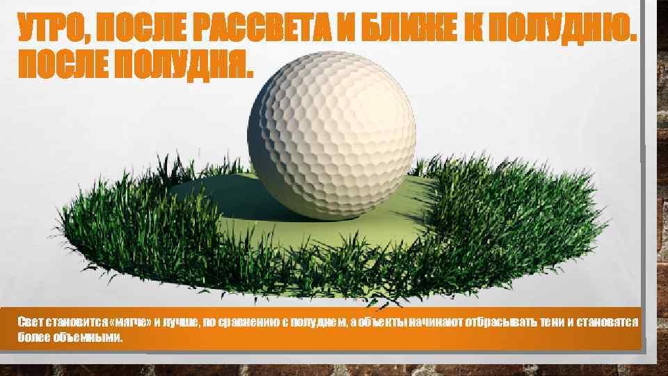 УТРО, ПОСЛЕ РАССВЕТА И БЛИЖЕ К ПОЛУДНЮ. ПОСЛЕ ПОЛУДНЯ. Свет становится «мягче» и лучше,
