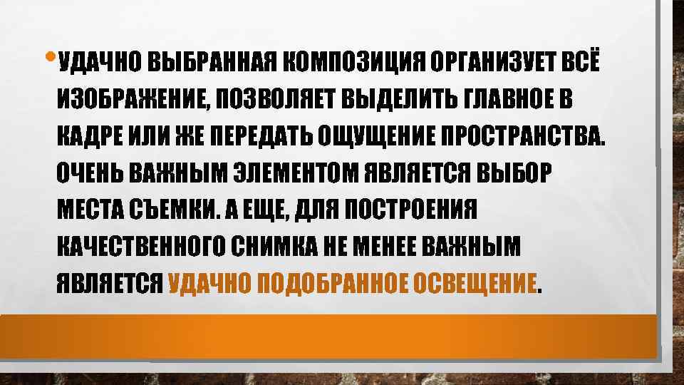  • УДАЧНО ВЫБРАННАЯ КОМПОЗИЦИЯ ОРГАНИЗУЕТ ВСЁ ИЗОБРАЖЕНИЕ, ПОЗВОЛЯЕТ ВЫДЕЛИТЬ ГЛАВНОЕ В КАДРЕ ИЛИ