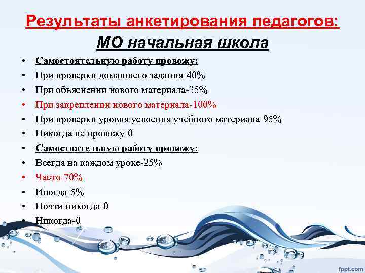 Результаты анкетирования педагогов: МО начальная школа • • • Самостоятельную работу провожу: При проверки