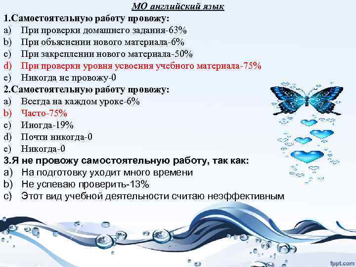МО английский язык 1. Самостоятельную работу провожу: a) При проверки домашнего задания-63% b) При