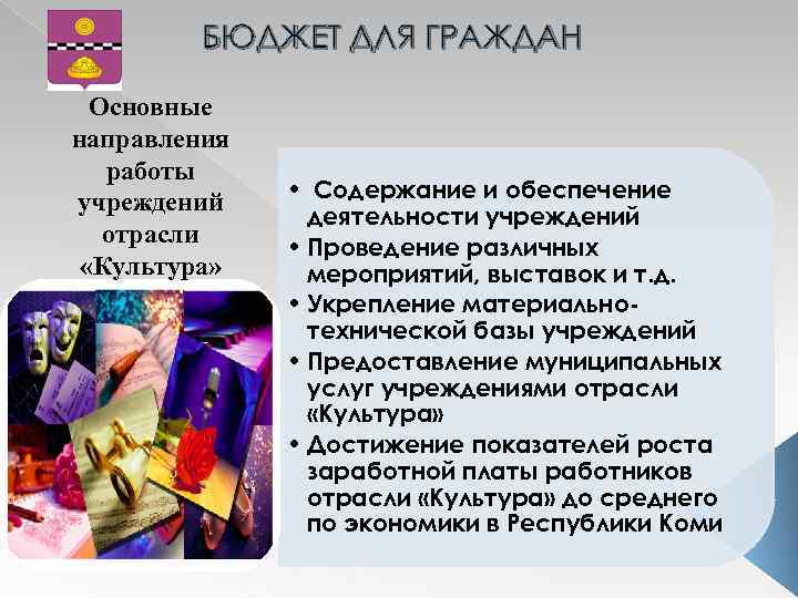 БЮДЖЕТ ДЛЯ ГРАЖДАН Основные направления работы учреждений отрасли «Культура» • Содержание и обеспечение деятельности
