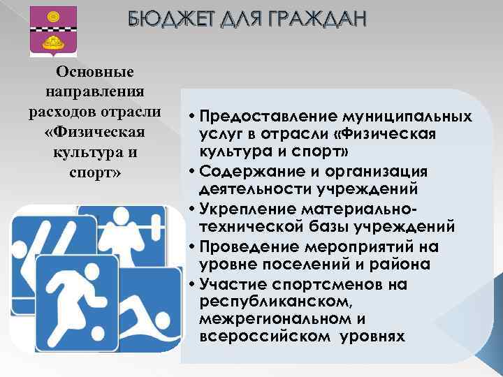 БЮДЖЕТ ДЛЯ ГРАЖДАН Основные направления расходов отрасли «Физическая культура и спорт» • Предоставление муниципальных
