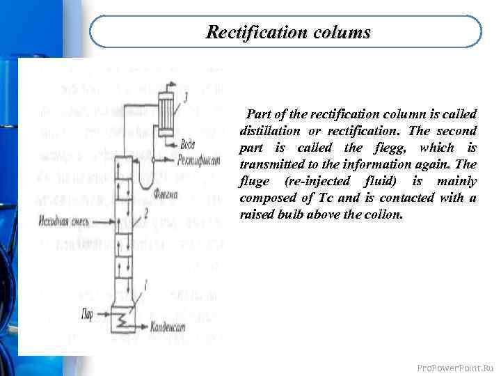 Rectification colums Part of the rectification column is called distillation or rectification. The second