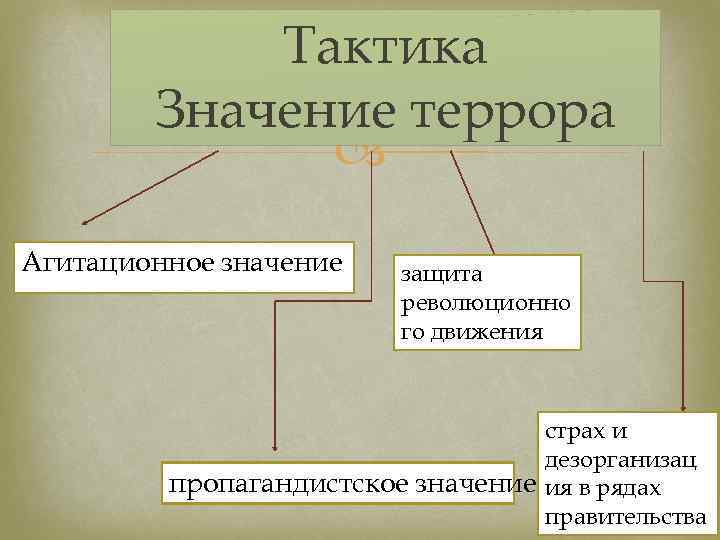 Тактика Значение террора Агитационное значение защита революционно го движения страх и дезорганизац пропагандистское значение