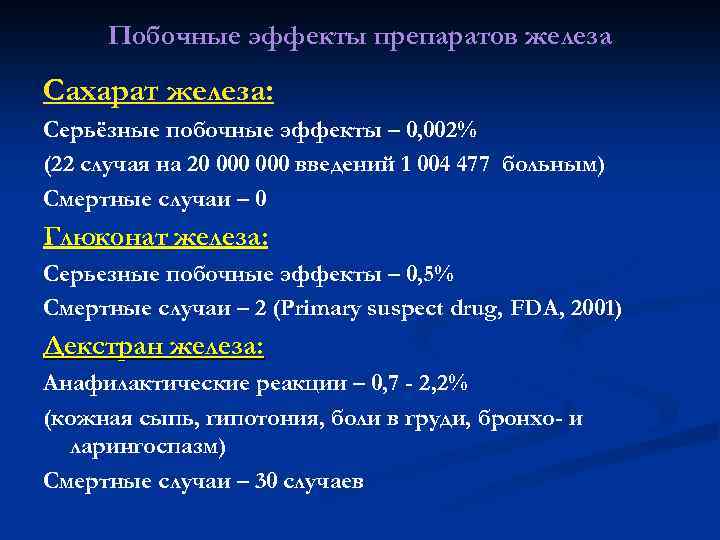 Побочные эффекты препаратов железа Сахарат железа: Серьёзные побочные эффекты – 0, 002% (22 случая