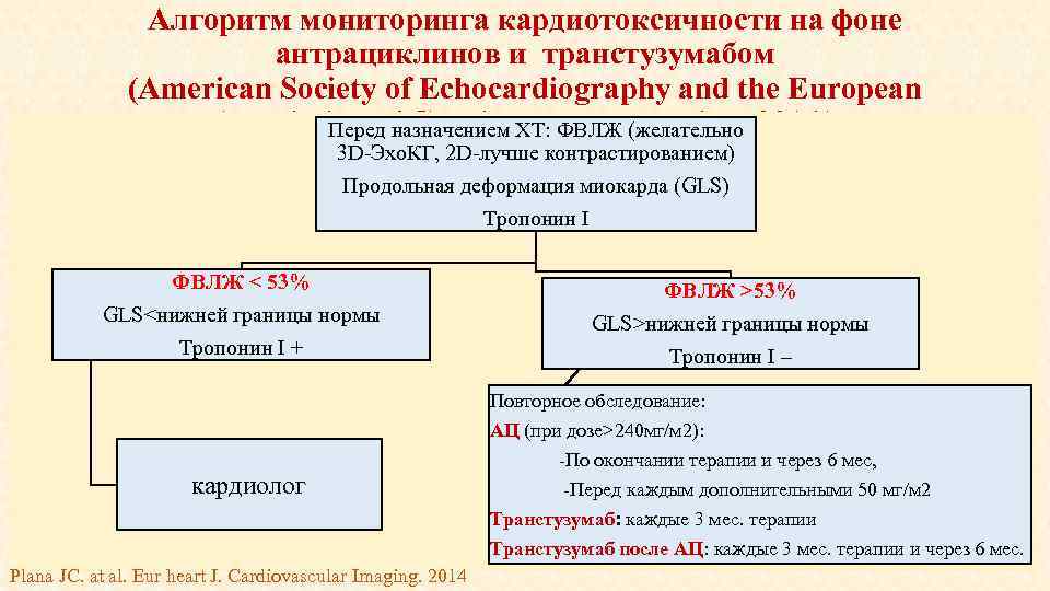 Алгоритм мониторинга кардиотоксичности на фоне антрациклинов и транстузумабом (American Society of Echocardiography and the