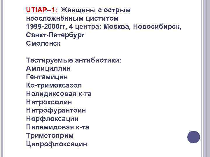 UTIAP– 1: Женщины с острым неосложнённым циститом 1999 -2000 гг, 4 центра: Москва, Новосибирск,