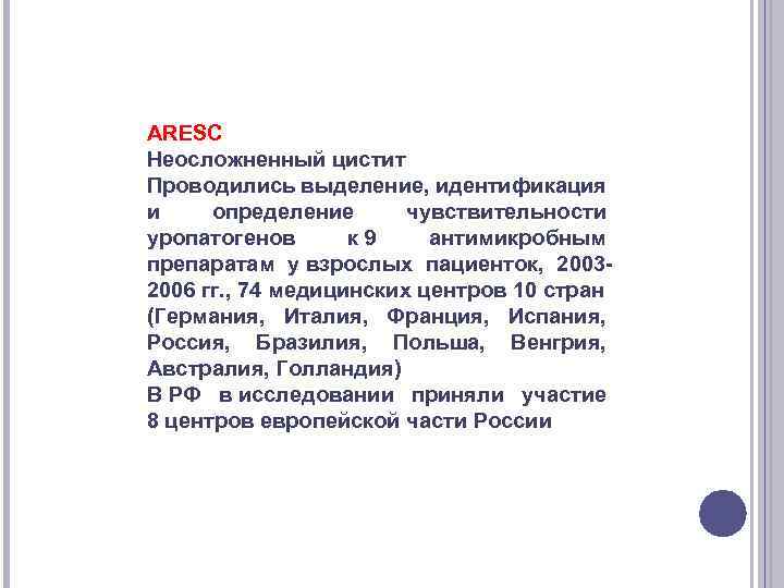 ARESC Неосложненный цистит Проводились выделение, идентификация и определение чувствительности уропатогенов к 9 антимикробным препаратам